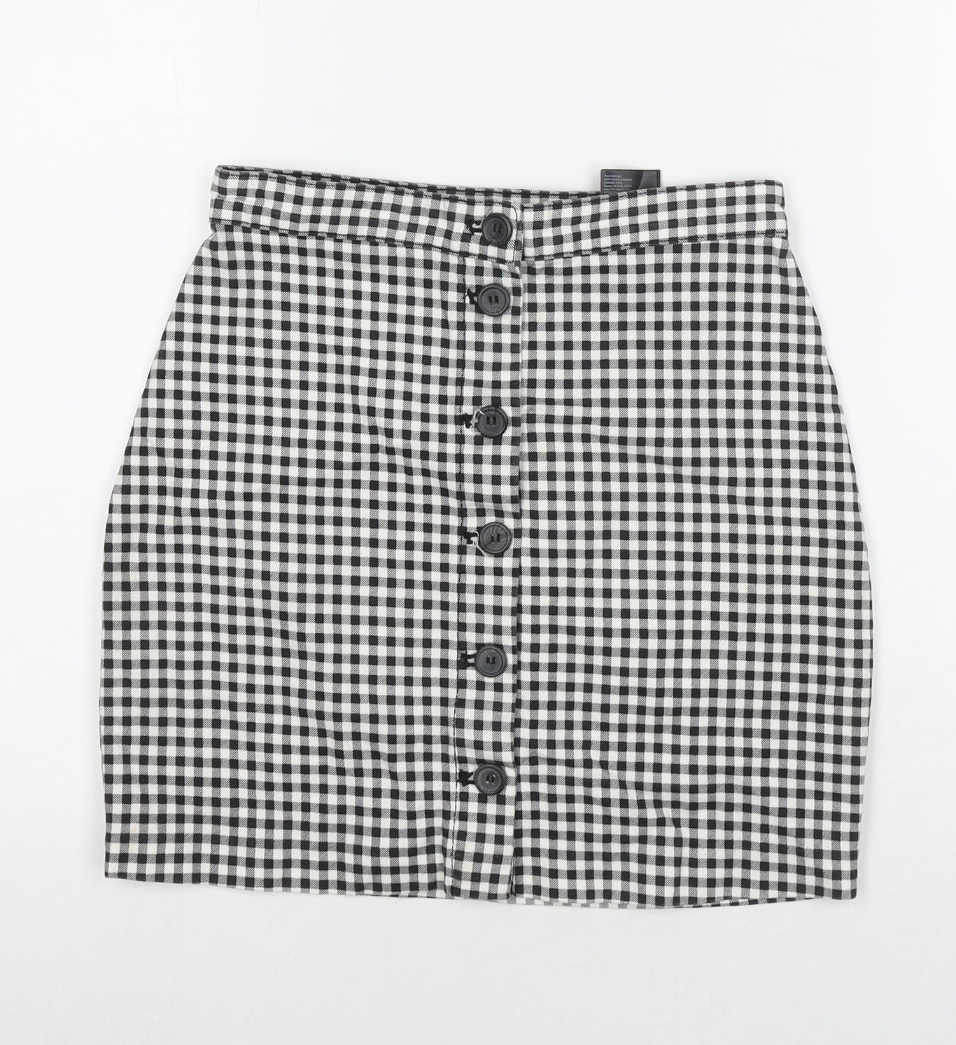 H&M Womens Black Check Cotton A-Line Skirt Size 8 Button