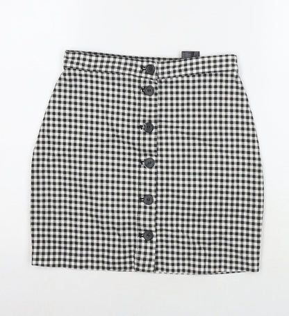 H&M Womens Black Check Cotton A-Line Skirt Size 8 Button