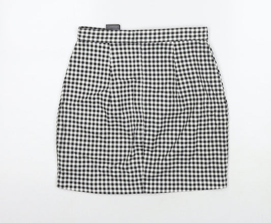 H&M Womens Black Check Cotton A-Line Skirt Size 8 Button