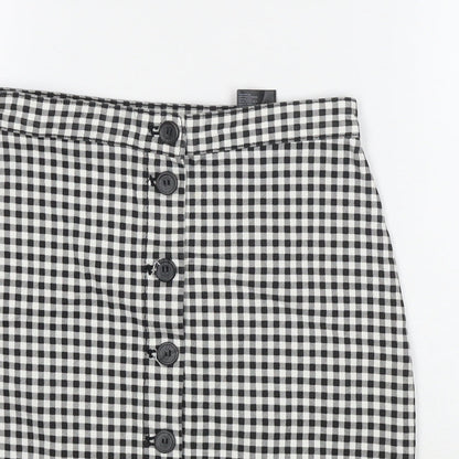 H&M Womens Black Check Cotton A-Line Skirt Size 8 Button
