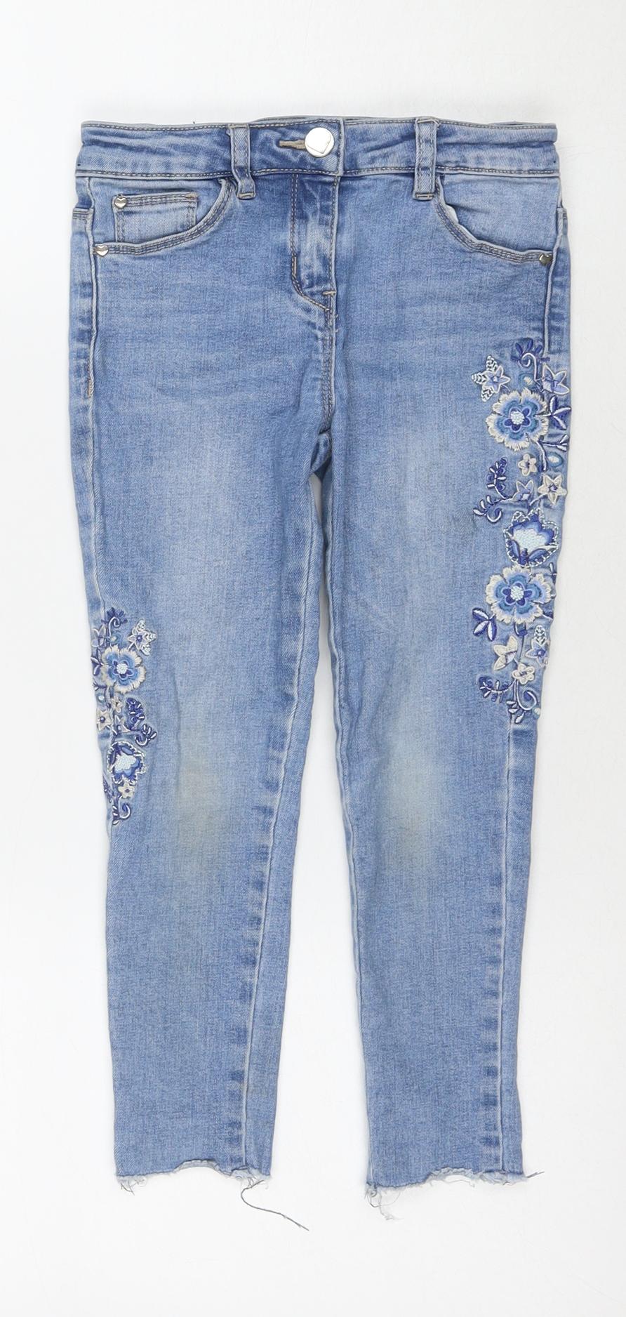George Girls Blue Cotton Cropped Jeans Size 5-6 Years Regular Pullover - Flowers