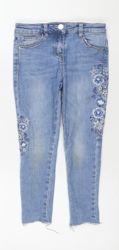 George Girls Blue Cotton Cropped Jeans Size 5-6 Years Regular Pullover - Flowers
