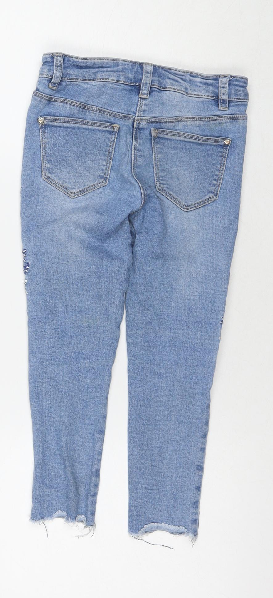 George Girls Blue Cotton Cropped Jeans Size 5-6 Years Regular Pullover - Flowers