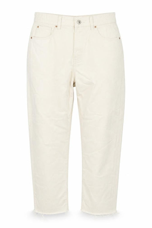 Front view of Denim & Co. women’s ivory cotton cropped jeans, size UK 12, 27-inch leg regular zip