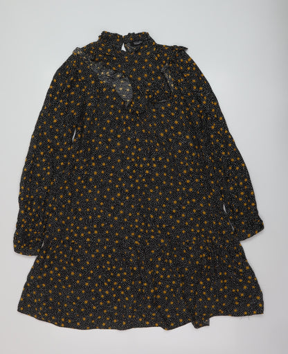 New Look Womens Black Geometric Viscose A-Line Size 12 Mock Neck Button