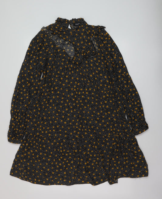 New Look Womens Black Geometric Viscose A-Line Size 12 Mock Neck Button