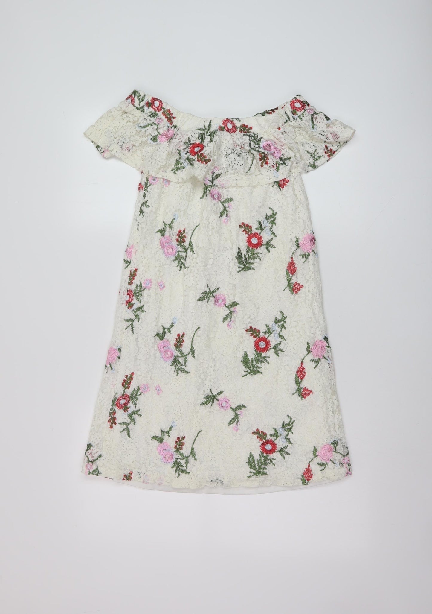 New Look Womens White Floral Cotton A-Line Size 6 Square Neck Pullover