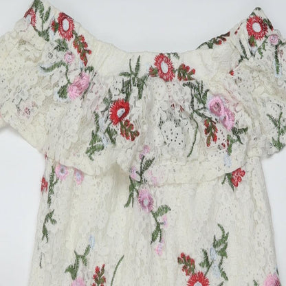 New Look Womens White Floral Cotton A-Line Size 6 Square Neck Pullover