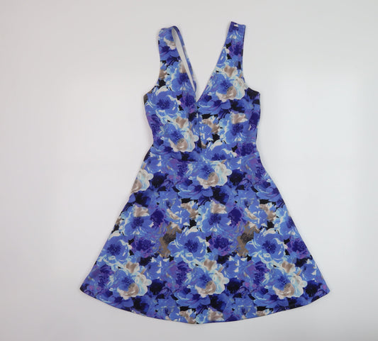 FOREVER 21 Womens Blue Floral Polyester Skater Dress Size S V-Neck Pullover