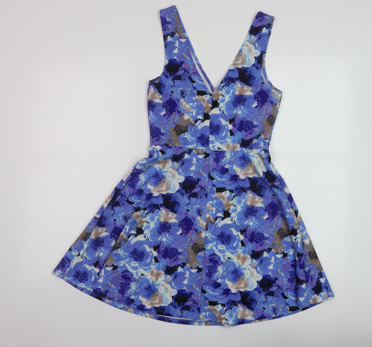FOREVER 21 Womens Blue Floral Polyester Skater Dress Size S V-Neck Pullover