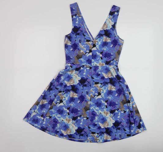 FOREVER 21 Womens Blue Floral Polyester Skater Dress Size S V-Neck Pullover