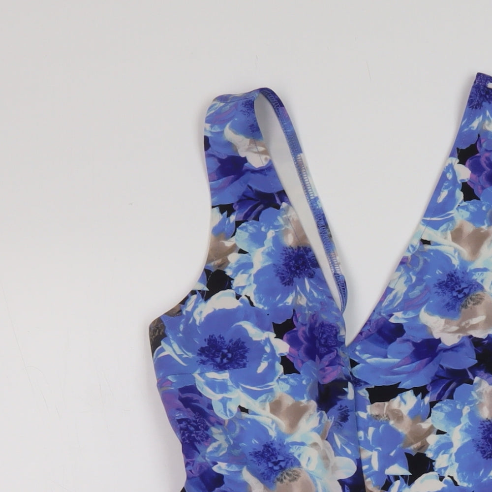 FOREVER 21 Womens Blue Floral Polyester Skater Dress Size S V-Neck Pullover