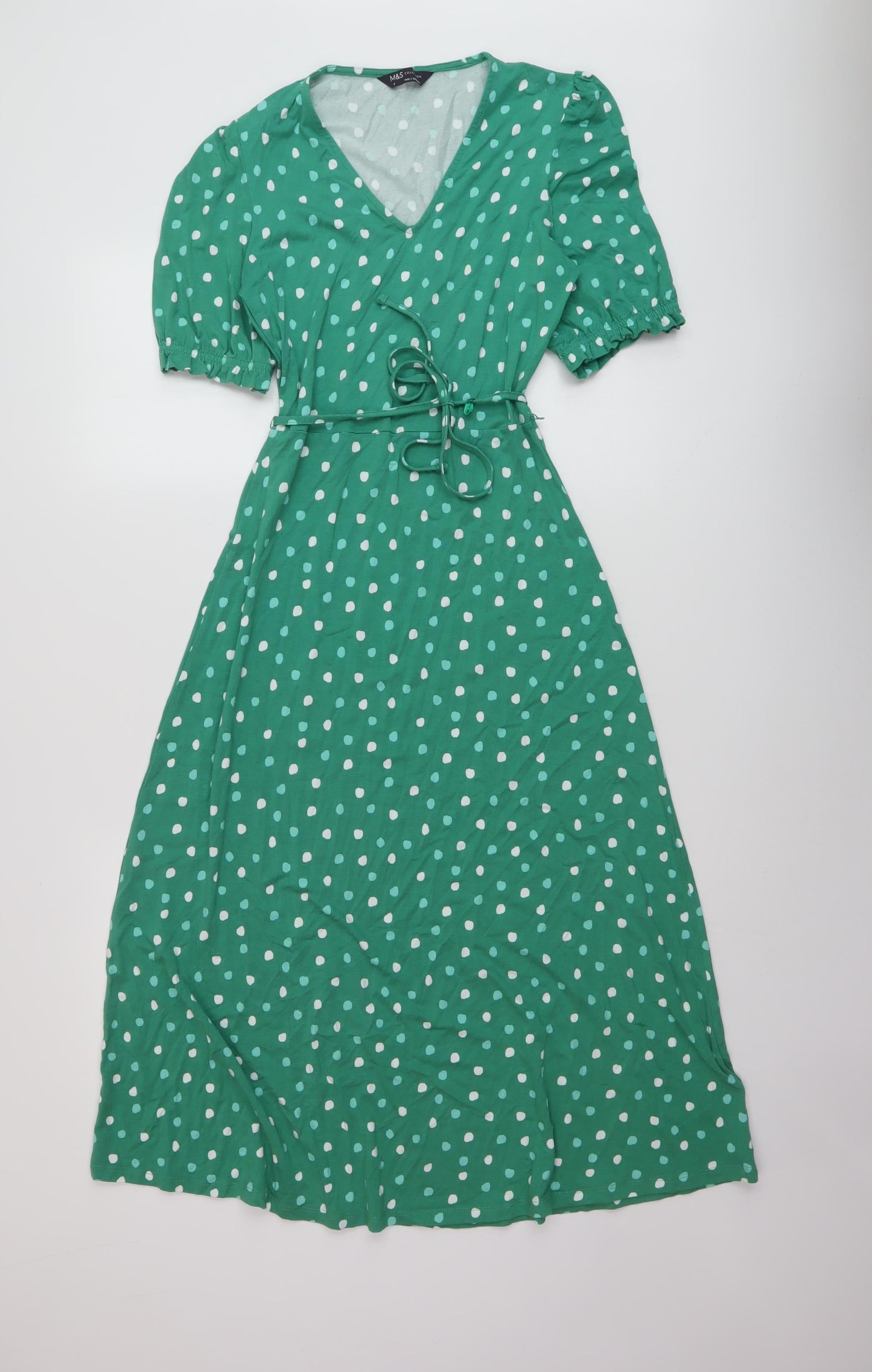 Marks and Spencer Womens Green Polka Dot Viscose A-Line Size 6 V-Neck Pullover