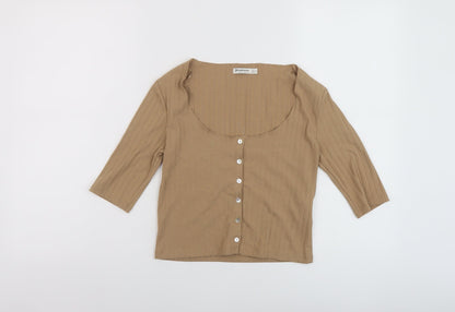 Stradivarius Womens Brown Polyester Cropped T-Shirt Size S Scoop Neck