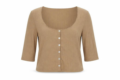 Stradivarius Womens Brown Polyester Cropped T-Shirt Size S Scoop Neck