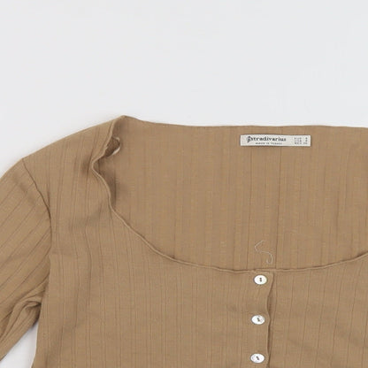 Stradivarius Womens Brown Polyester Cropped T-Shirt Size S Scoop Neck