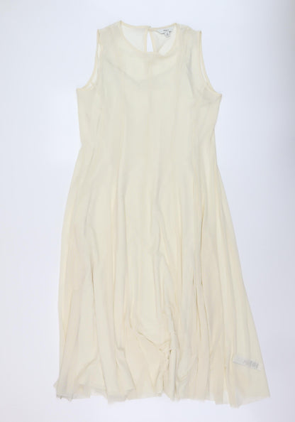 Marks and Spencer Womens Beige Polyester A-Line Size 14 Round Neck Button