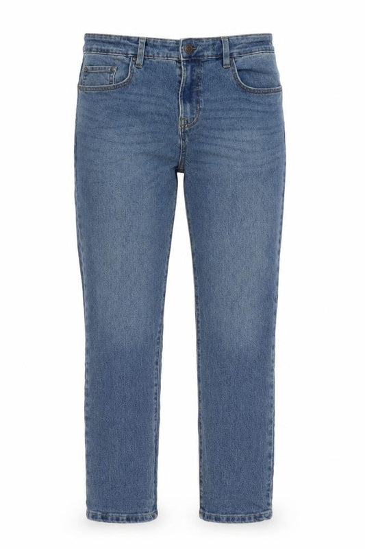 Front view of Easy men’s blue cotton straight jeans, size 34, in, 29-inch leg slim button