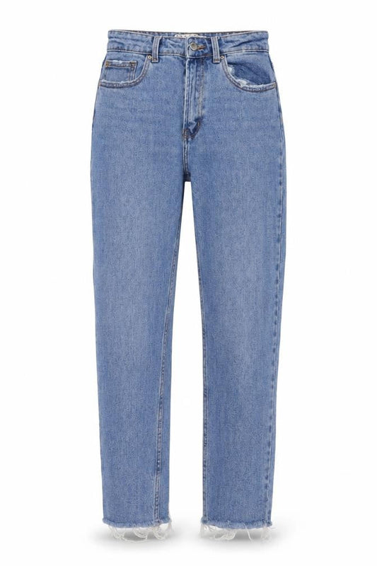 Front view of Denim & Co. women’s blue cotton mom jeans, size UK 8, 25-inch leg regular button