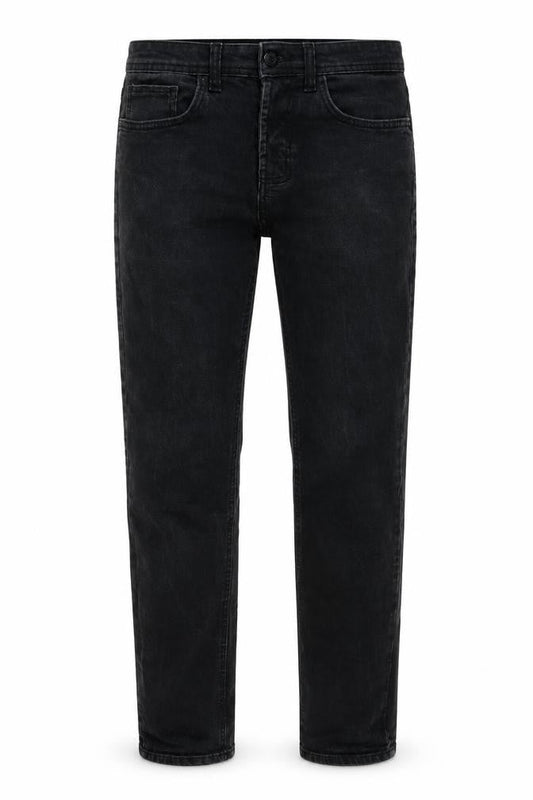 Front view of Denim & Co. men’s black cotton straight jeans, size 30, in, 30-inch leg regular button