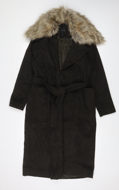 New Look Womens Green Overcoat Coat Size 10 Tie - Belted, Faux Fur