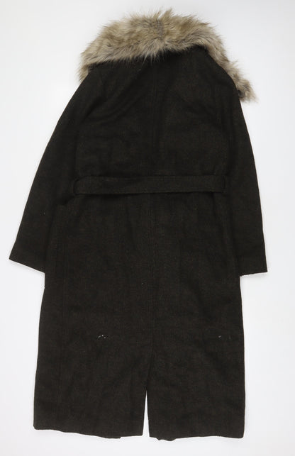New Look Womens Green Overcoat Coat Size 10 Tie - Belted, Faux Fur