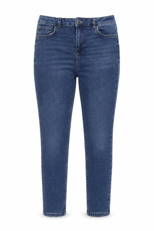 Front view of Denim & Co. women’s blue cotton skinny jeans, size UK 12, 26-inch leg regular zip
