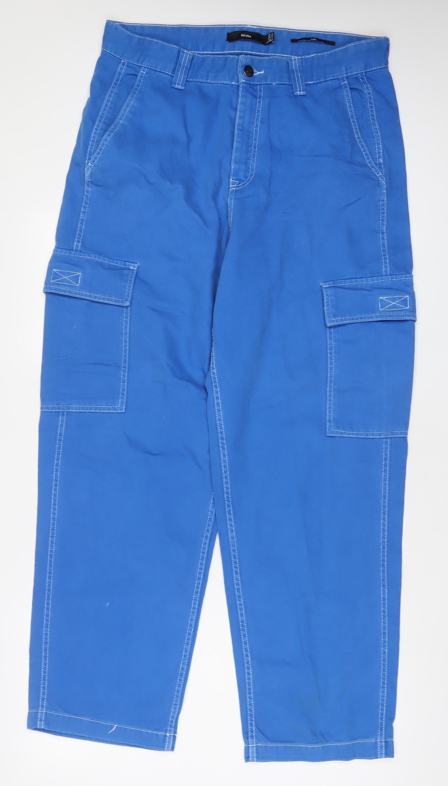 Bershka Womens Blue Cotton Wide-Leg Jeans Size 14 L30 in Regular Zip