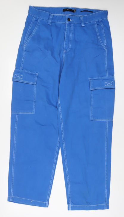 Bershka Womens Blue Cotton Wide-Leg Jeans Size 14 L30 in Regular Zip