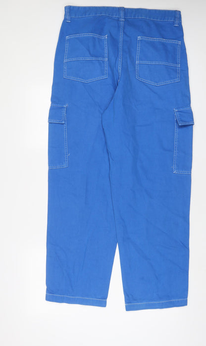 Bershka Womens Blue Cotton Wide-Leg Jeans Size 14 L30 in Regular Zip
