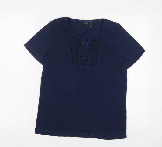 Bonmarché Womens Blue Polyester Basic T-Shirt Size M Crew Neck - Keyhole neck, Embroidered