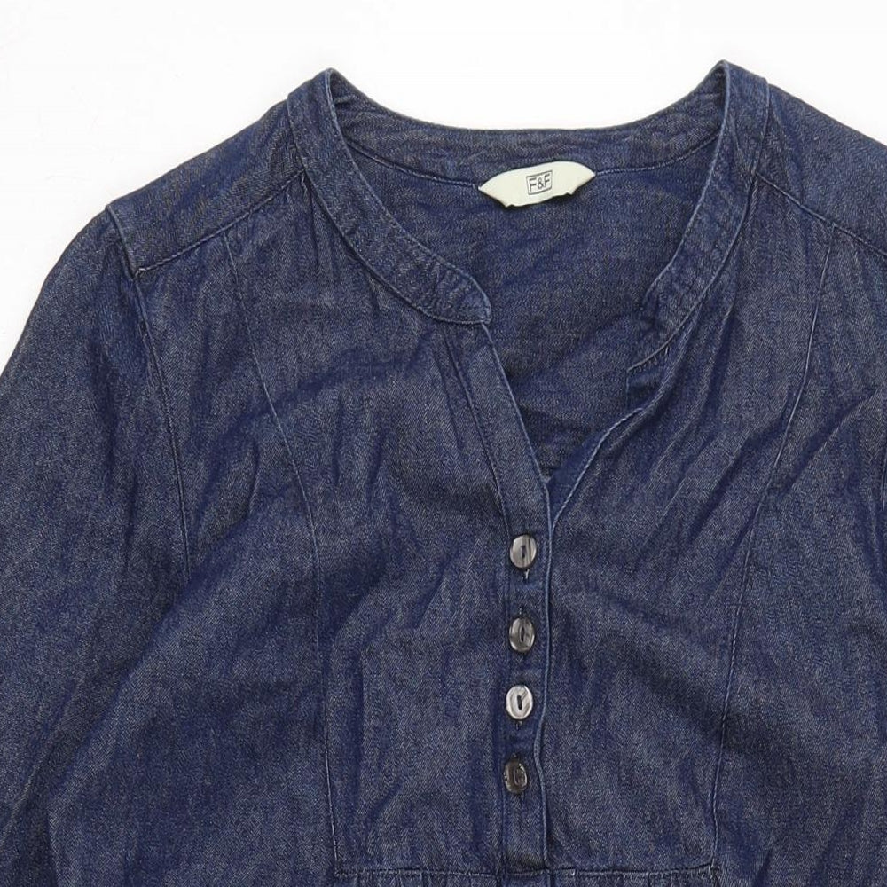F&F Womens Blue Cotton A-Line Size 12 Crew Neck Button
