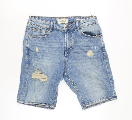 Pull&Bear Mens Blue Cotton Bermuda Shorts Size 30 in L10 in Regular Zip