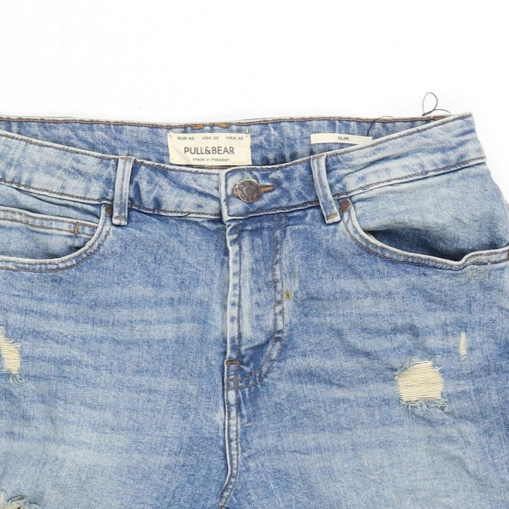 Pull&Bear Mens Blue Cotton Bermuda Shorts Size 30 in L10 in Regular Zip