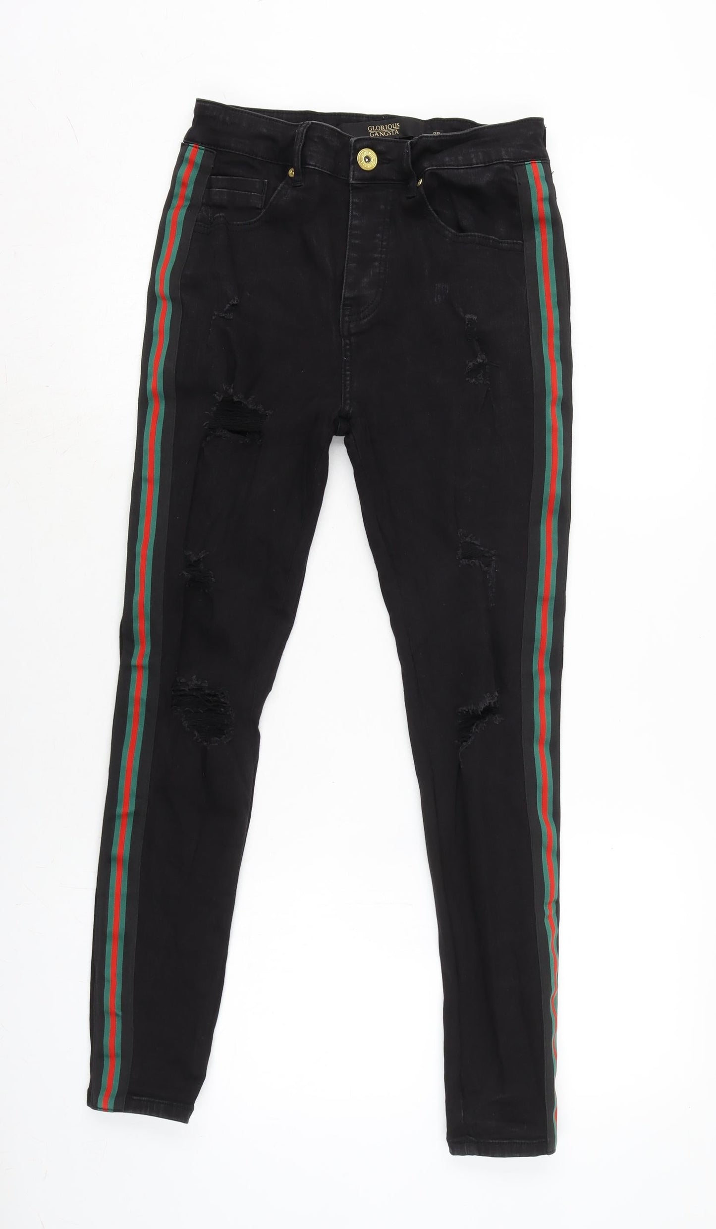 Glorious Gangster Mens Black Cotton Blend Tapered Jeans Size 28 in L28 in Regular Button - Striped detail to sides.
