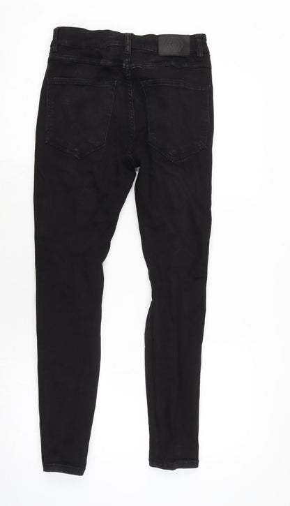 Glorious Gangster Mens Black Cotton Blend Tapered Jeans Size 28 in L28 in Regular Button - Striped detail to sides.