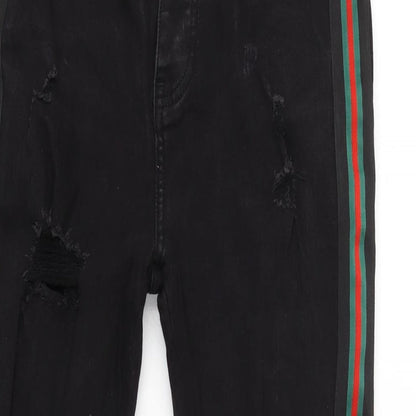 Glorious Gangster Mens Black Cotton Blend Tapered Jeans Size 28 in L28 in Regular Button - Striped detail to sides.