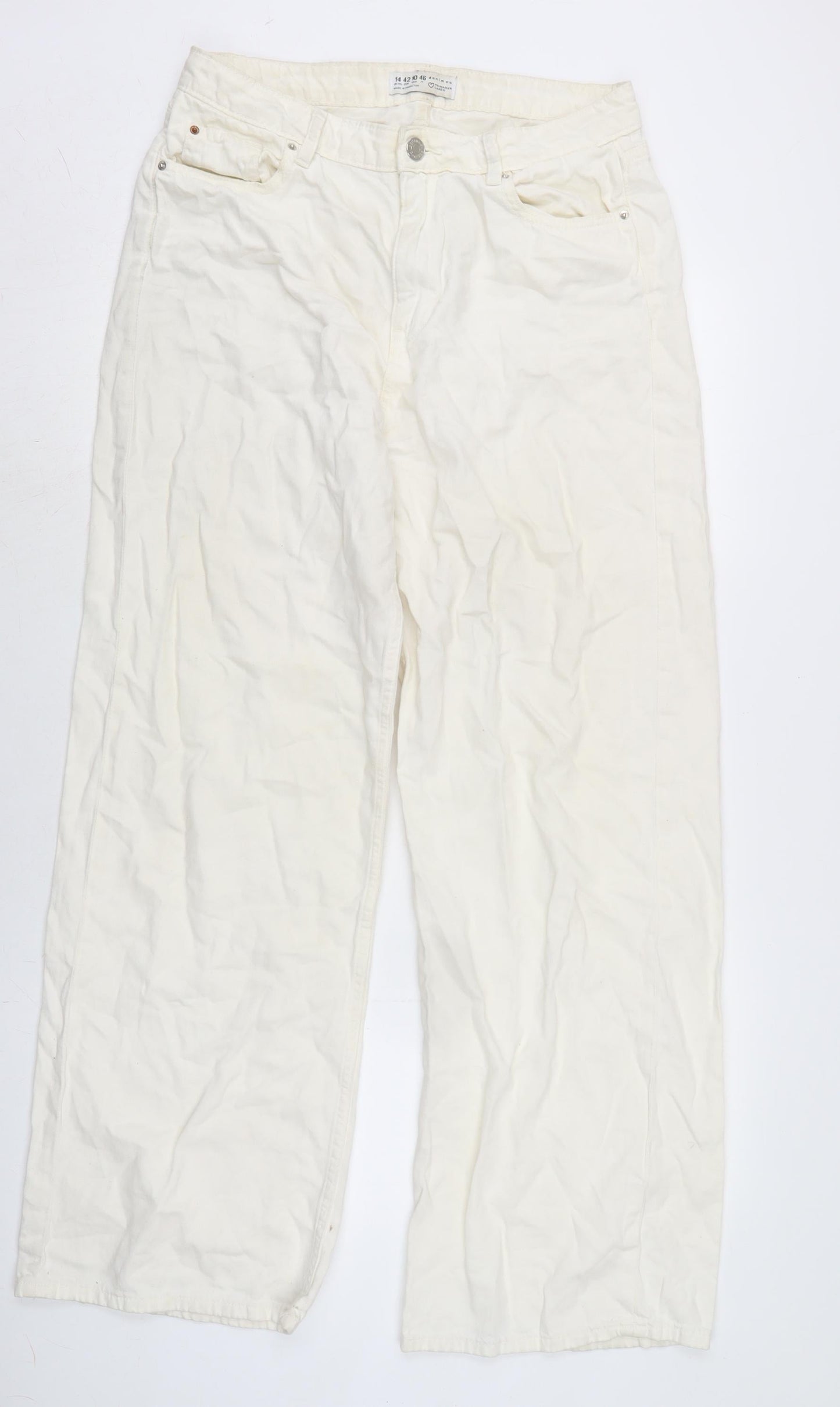 Denim & Co. Womens Ivory Cotton Blend Wide-Leg Jeans Size 14 L30 in Regular Zip