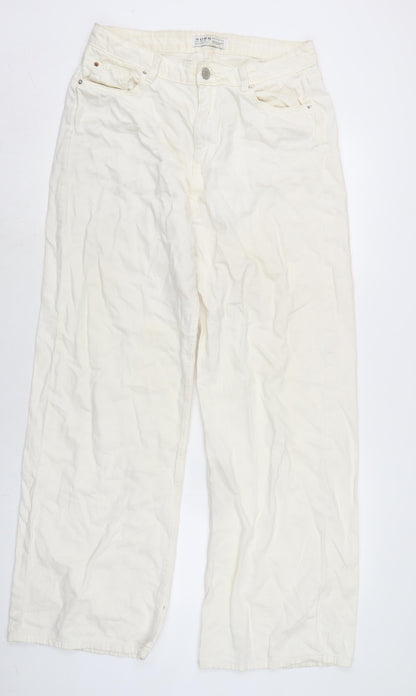 Denim & Co. Womens Ivory Cotton Blend Wide-Leg Jeans Size 14 L30 in Regular Zip