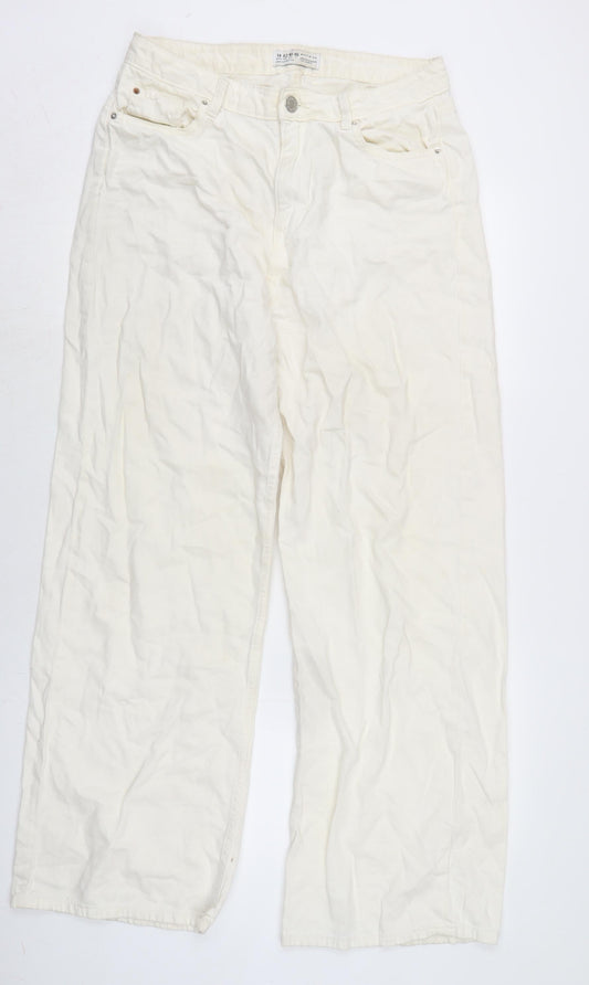 Denim & Co. Womens Ivory Cotton Blend Wide-Leg Jeans Size 14 L30 in Regular Zip