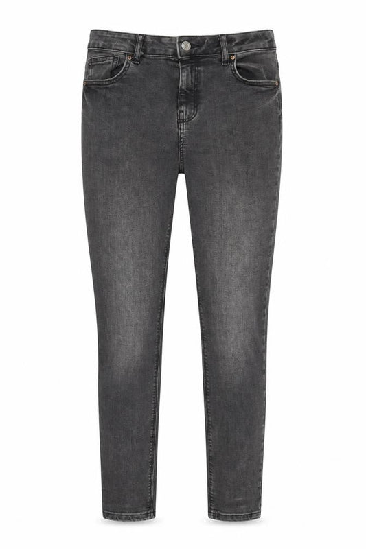 Front view of Denim & Co. women’s grey cotton blend tapered jeans, size UK 12, 30-inch leg regular zip