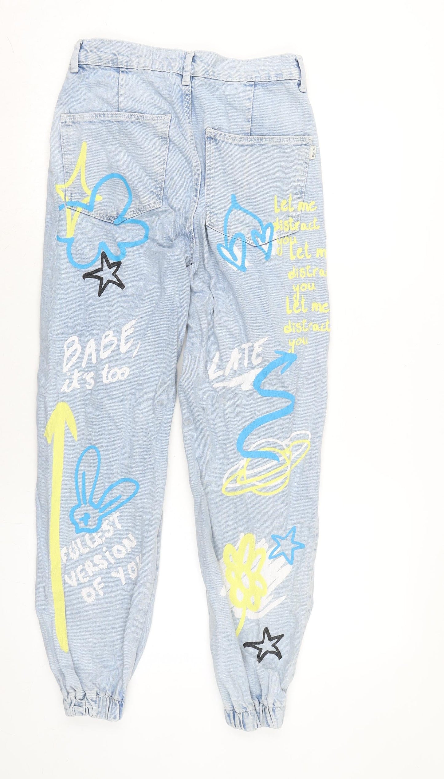 Bershaka Womens Blue Cotton Tapered Jeans Size 8 L28 in Extra-Slim Zip - Graphics to font and back.