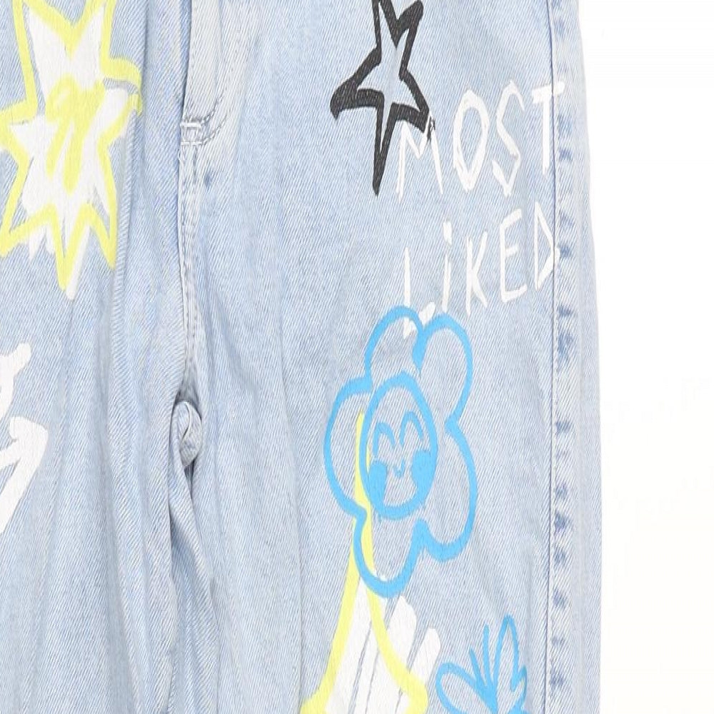 Bershaka Womens Blue Cotton Tapered Jeans Size 8 L28 in Extra-Slim Zip - Graphics to font and back.