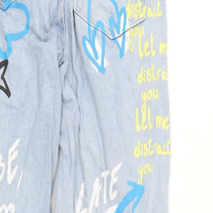 Bershaka Womens Blue Cotton Tapered Jeans Size 8 L28 in Extra-Slim Zip - Graphics to font and back.