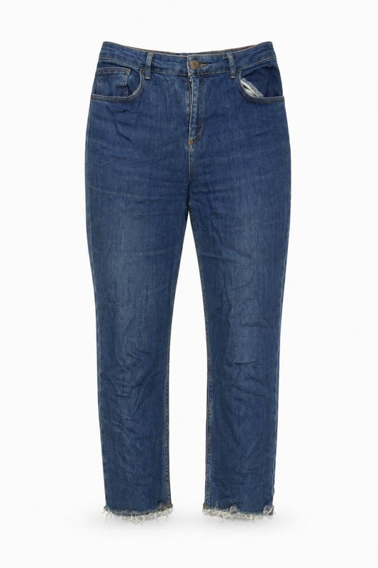 Front view of BDG women’s blue cotton blend skinny jeans, size UK 30, in, 24-inch leg regular zip - raw hem