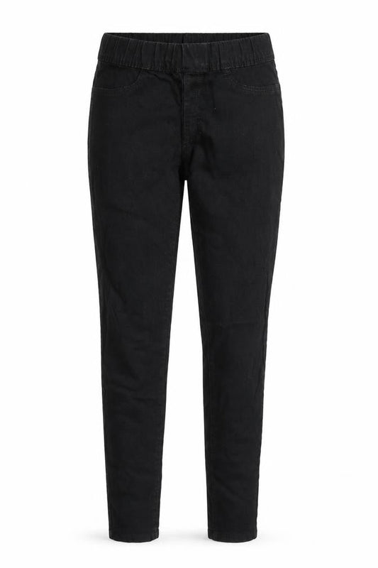 Front view of Denim & Co. women’s black cotton blend jegging jeans, size UK 10, 28.5-inch leg regular