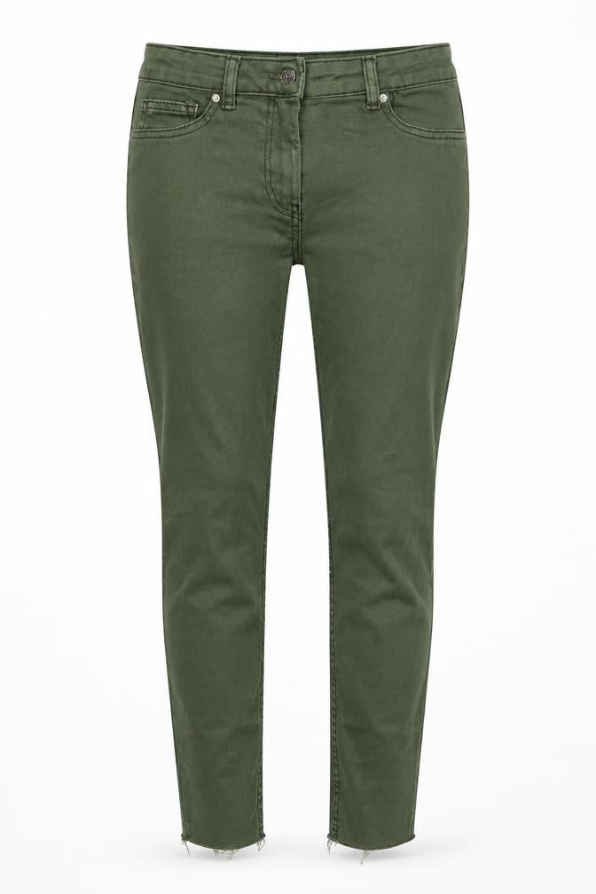 Front view of Papaya women’s green cotton blend tapered jeans, size UK 12, 27-inch leg extra-slim zip - raw hem