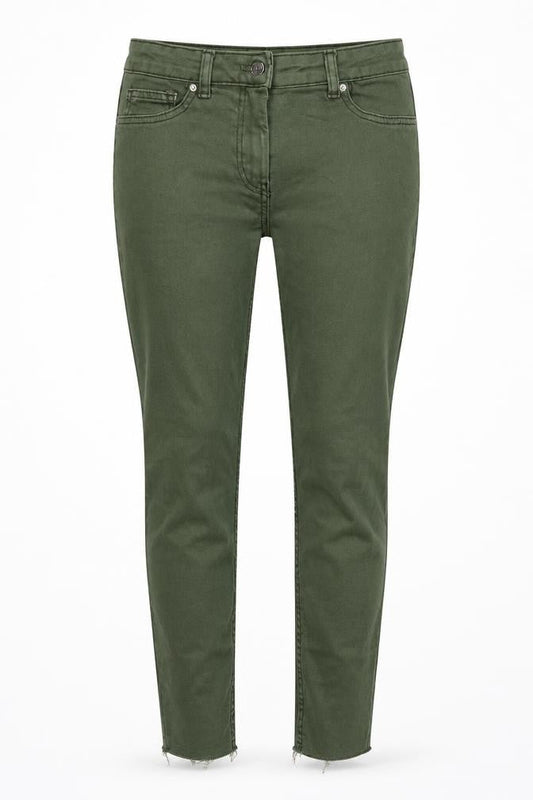 Front view of Papaya women’s green cotton blend tapered jeans, size UK 12, 27-inch leg extra-slim zip - raw hem