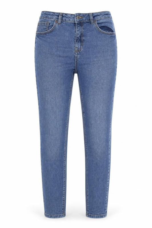 Front view of Denim & Co. women’s blue cotton blend tapered jeans, size UK 12, 30-inch leg regular zip