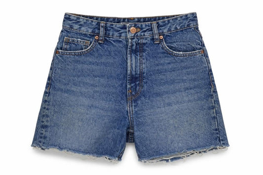 Front view of Berksha women’s blue cotton cut-off shorts, size UK 6, regular zip